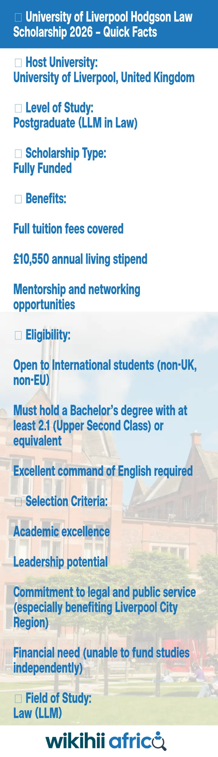 Fully Funded Hodgson Law Scholarship 2026 at the University of Liverpool