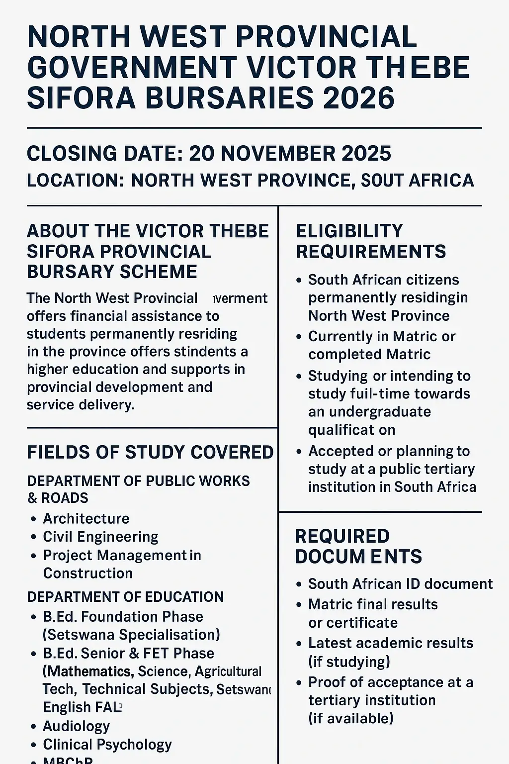 North West Provincial Government Victor Thebe Sifora Bursaries 2026 — Full Details & Application Guide